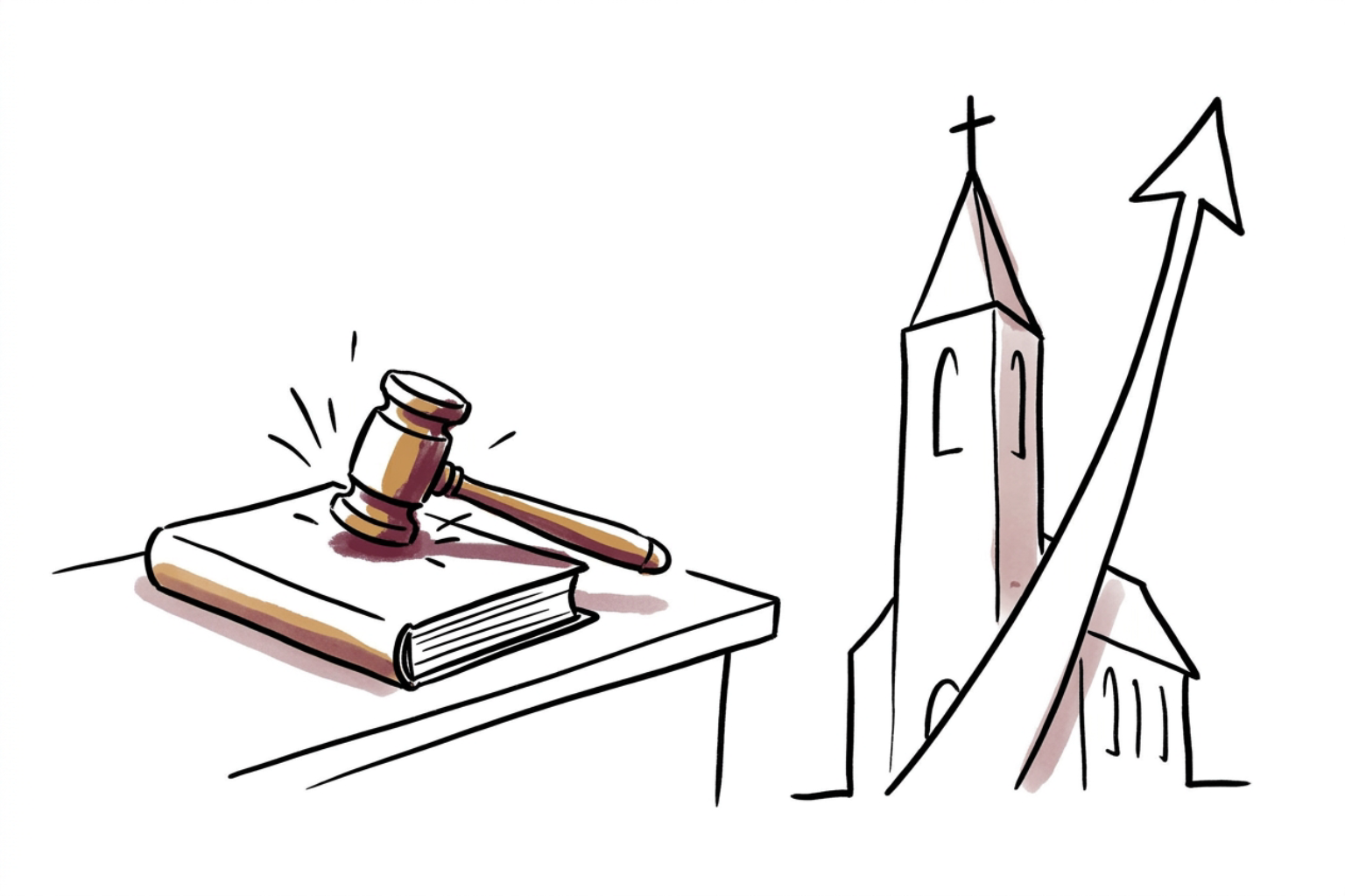 Sędziowski młotek leżący na grubej księdze, obok stylizowana wieża kościoła z krzyżem, z której wychodzi dynamiczna strzałka skierowana w górę.