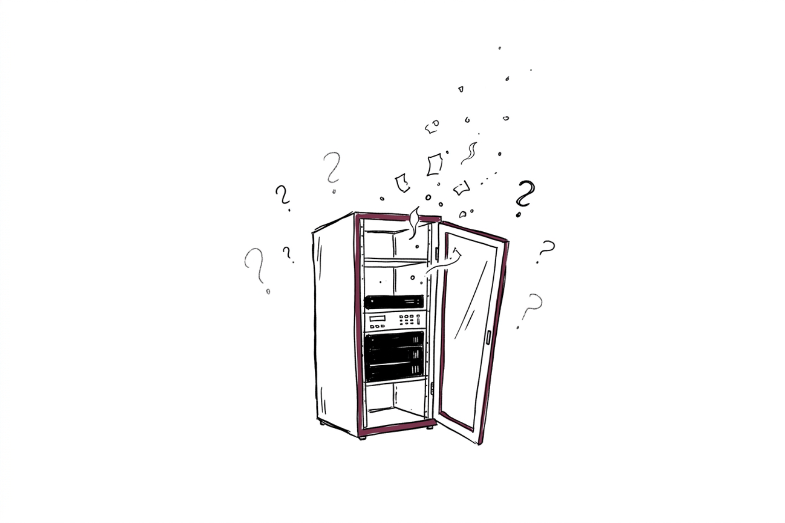 Ilustracja przedstawia centralnie umieszczoną szafę rackową z otwartymi drzwiami, z której delikatnie unoszą się w powietrze drobne, symboliczne fragmenty danych. Wokół serwera widoczne są liczne znaki zapytania, sugerujące niepewność i niepokój. Tło jest czysto białe. Szafa rackowa ma ekonomiczne, lekko nieregularne czarne linie tuszu, z dyskretnymi akcentami w kolorze burgunda na ramie.
