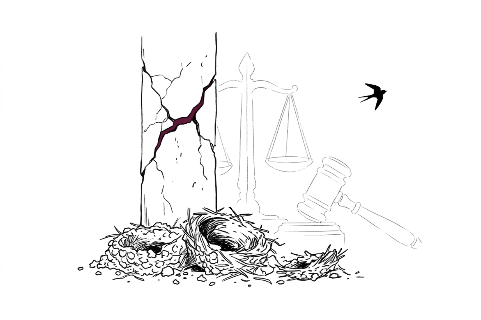Ilustracja przedstawia trzy zniszczone gniazda jaskółek leżące u podstawy pękającego filaru, który ma burgundowe akcenty w szczelinach. W tle, subtelnie zarysowane, widoczna jest waga sprawiedliwości oraz młotek sędziowski. W prawym górnym rogu, na czystym, białym tle, unosi się samotna sylwetka jaskółki.